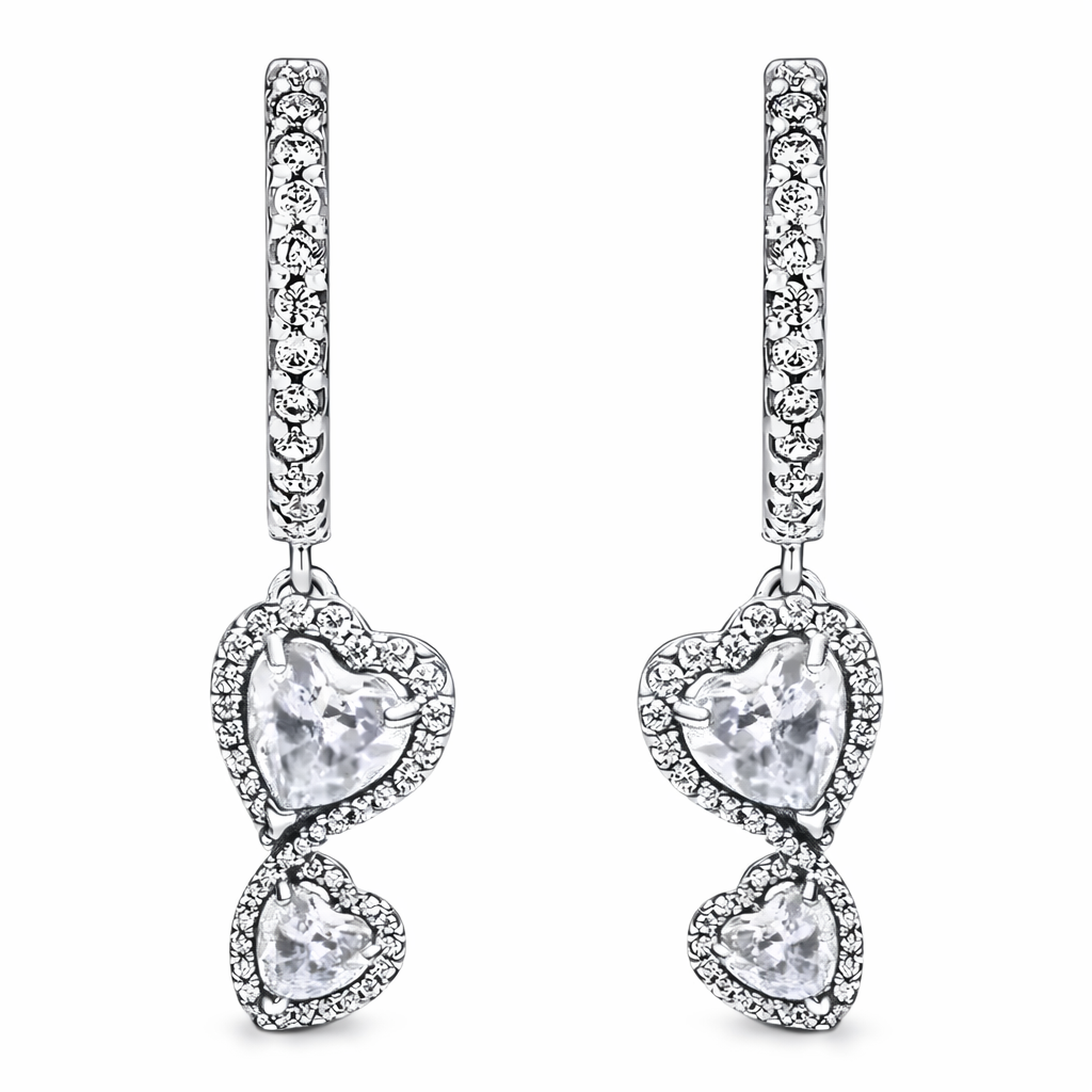 The Silver Sparkling Double Heart Drop Earrings