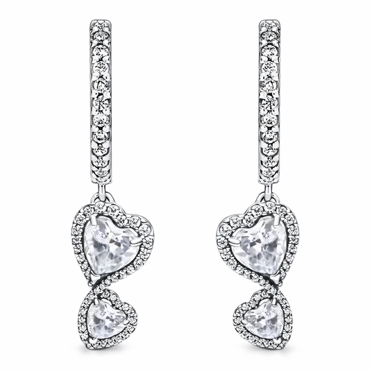 The Silver Sparkling Double Heart Drop Earrings