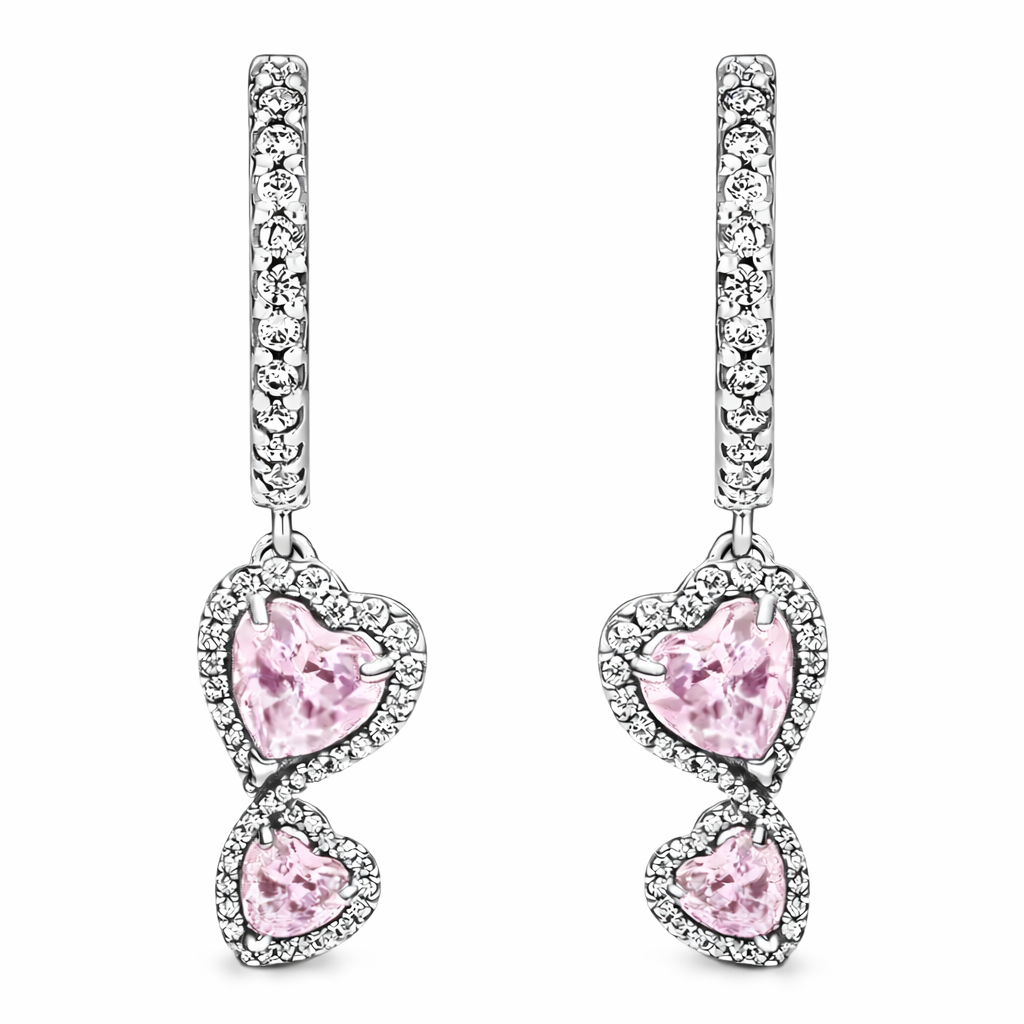The Pink Sparkling Double Heart Drop Earrings