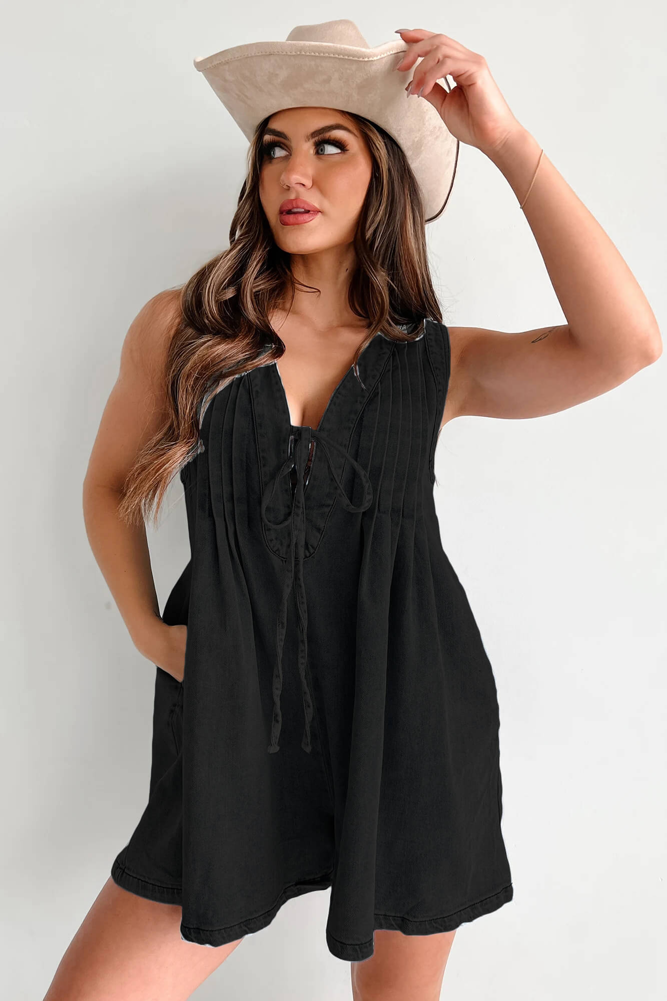 Abbey™ | Light Denim Romper with Tie Closure